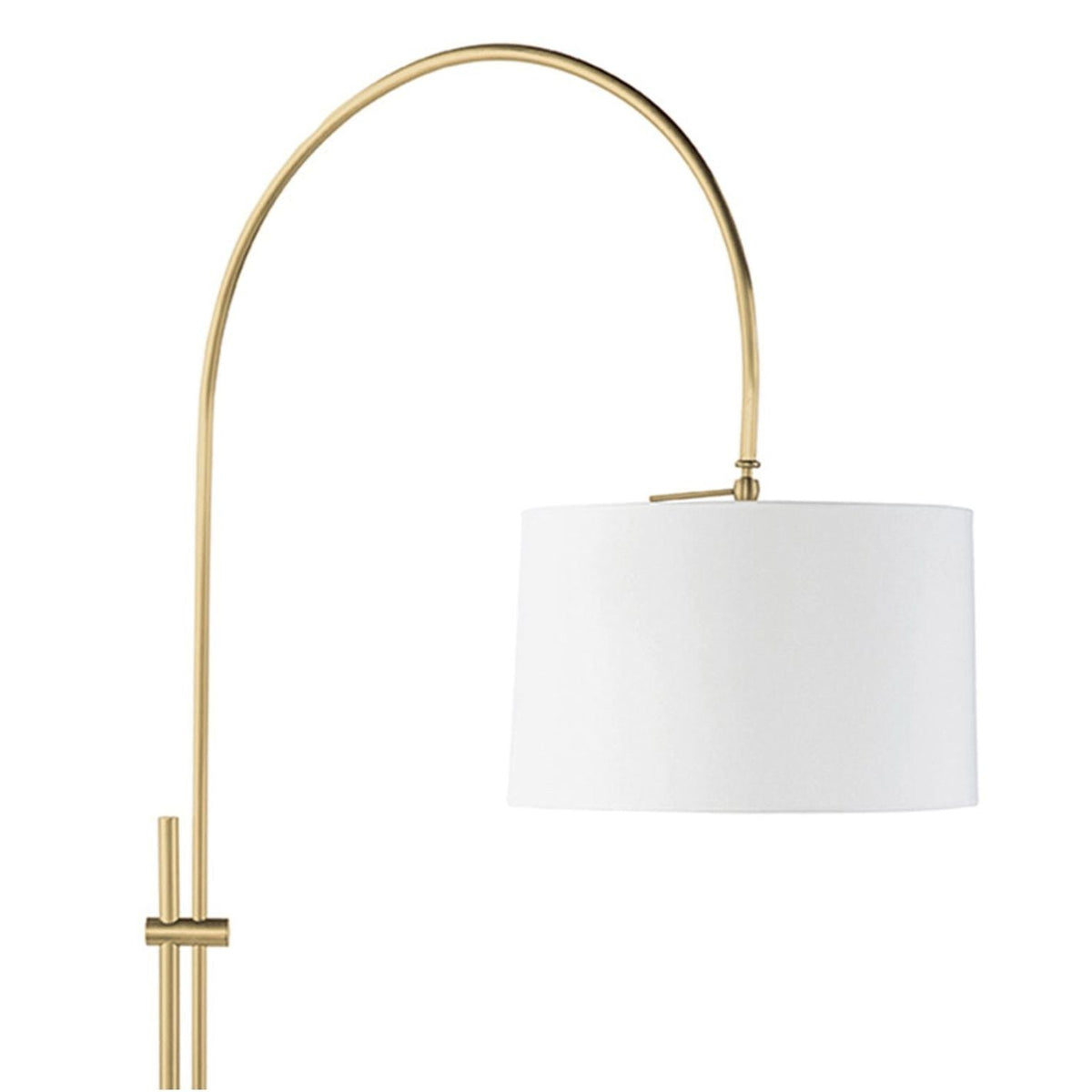 Modern arc floor lamp with a metallic gold adjustable base and a white linen fabric shade.