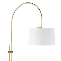 Modern arc floor lamp with a metallic gold adjustable base and a white linen fabric shade.