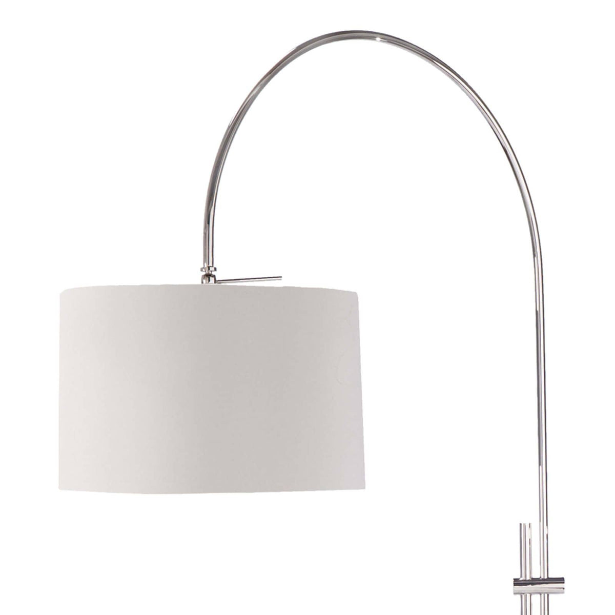 Modern arc floor lamp with a metallic, adjustable base and a white linen drum shade.