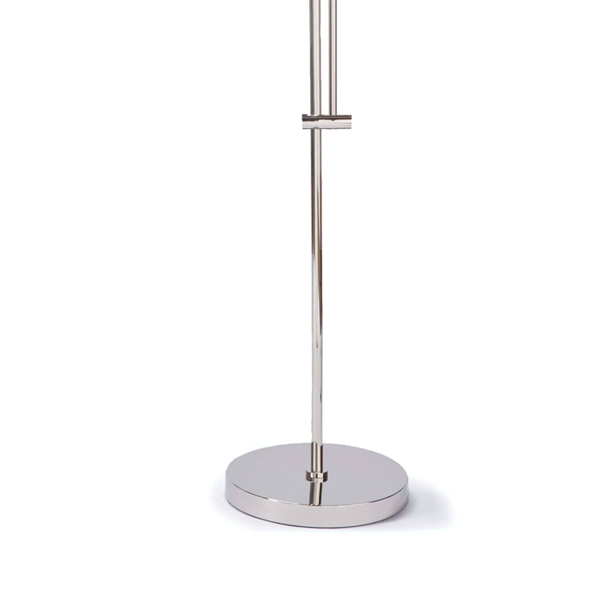 Modern arc floor lamp base with a polished metallic finish and round, flat base.