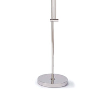 Modern arc floor lamp base with a polished metallic finish and round, flat base.