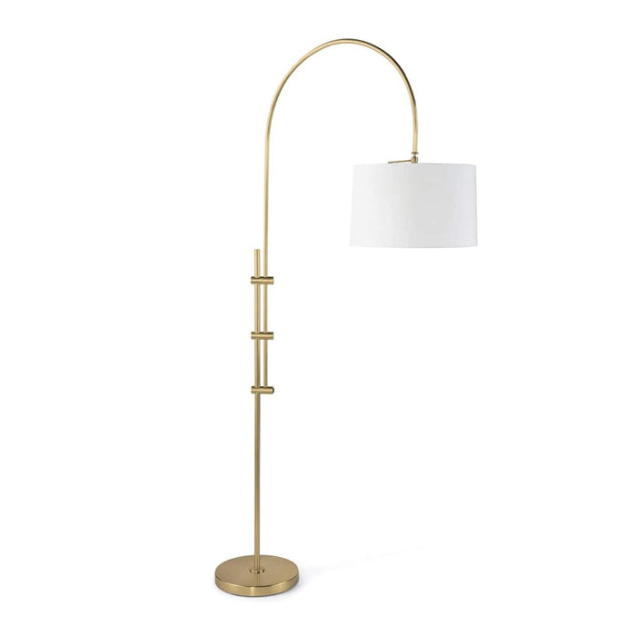 Modern 84" tall arc floor lamp with a metallic gold adjustable base and a white linen drum shade.