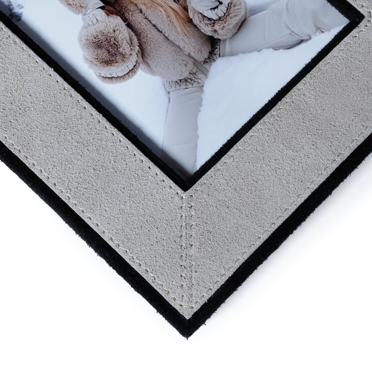Arden Gray Suede Leather Photo Frame, 4x6 - Frame Corner Detail | Bone & Brass