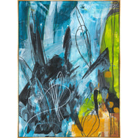 Abstract giclee canvas painting by Wendy Kleine with blue, black, yellow, and green brushstrokes in a gold frame.