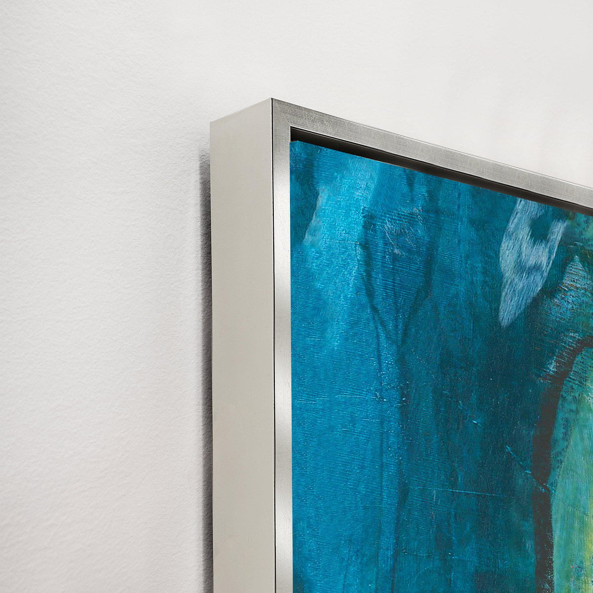 Close-up of "Are We There Yet I" giclee canvas painting with rich blue tones and a sleek silver frame.