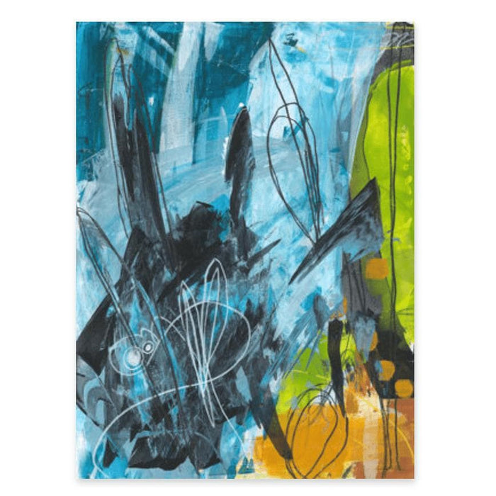 Abstract giclee canvas painting with brush strokes in blue, black, lime green, and orange.