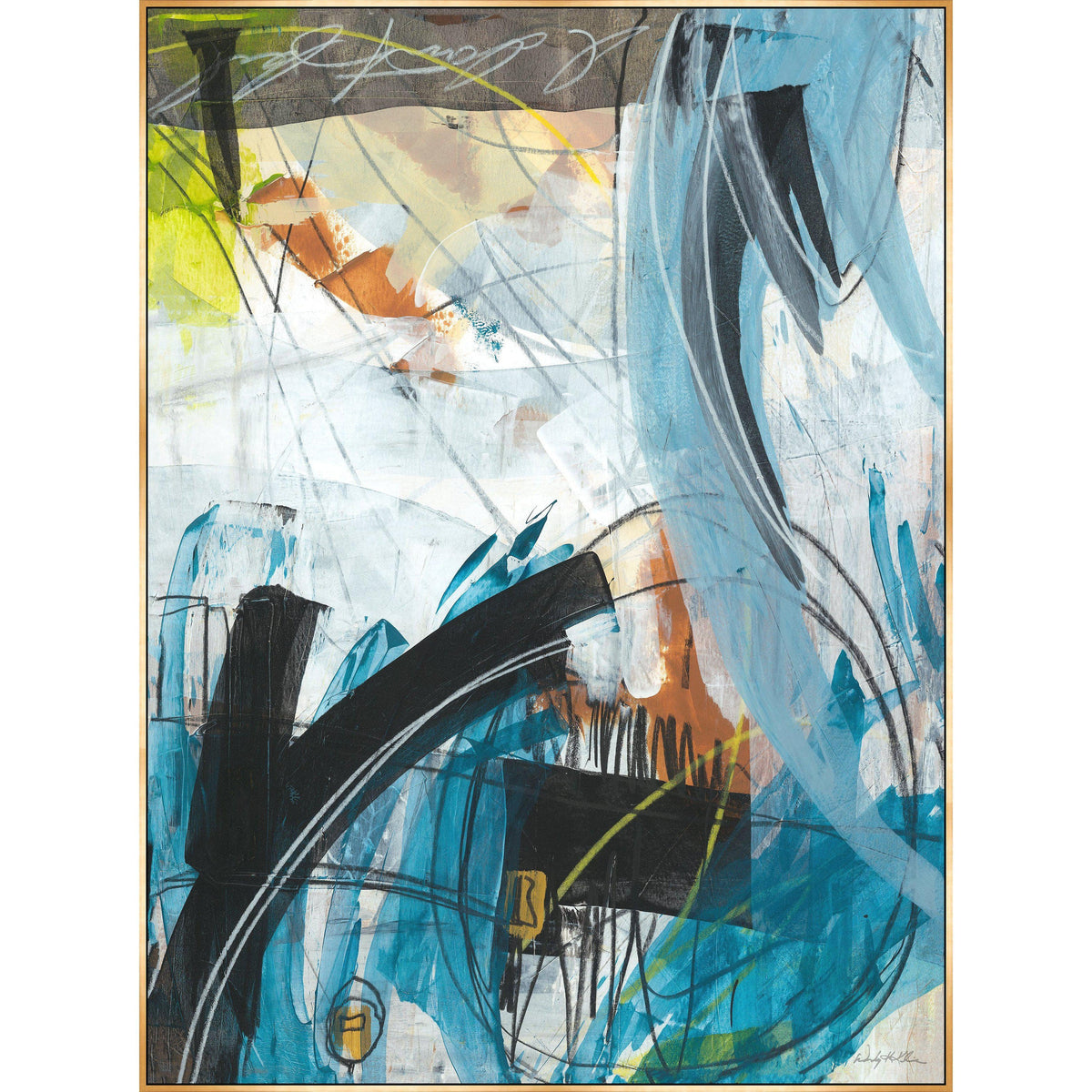 Abstract giclee canvas painting by Wendy Kleine with blue, black, white, and yellow brushstrokes in a gold frame.