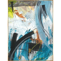 Abstract giclee canvas painting by Wendy Kleine with blue, black, white, and yellow brushstrokes in a gold frame.