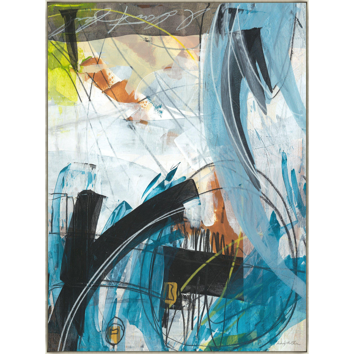 Abstract giclee canvas painting by Wendy Kleine with blue, black, white, and yellow brushstrokes.