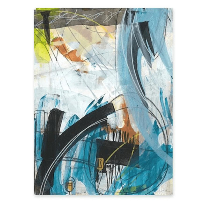 Abstract giclee canvas painting with blue, black, white, and yellow brushstrokes, by Wendy Kleine.