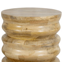 Natural wood Aria accent table with ribbed cylindrical shape and tile-like pattern.