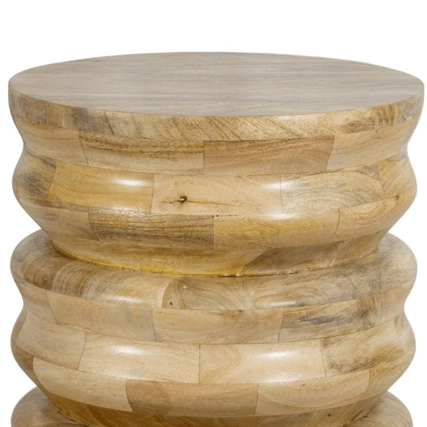 Natural wood Aria accent table with ribbed cylindrical shape and tile-like pattern.