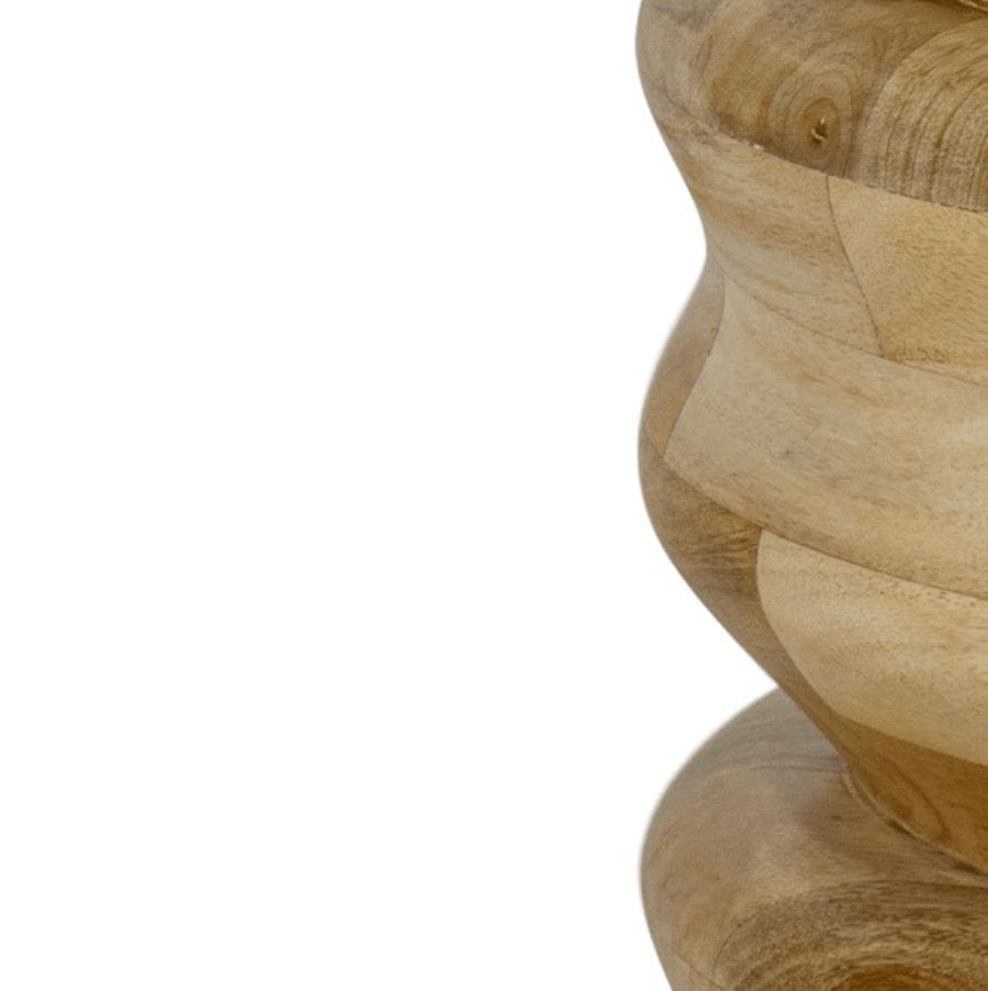 Aria natural wood accent table with ribbed, cylindrical shape and tile-like pattern in mixed shades and grains.