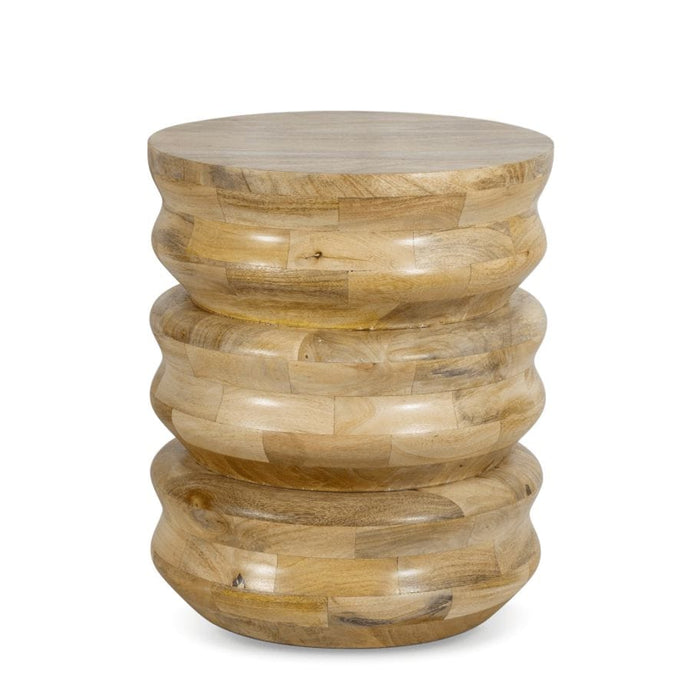 Natural wood Aria accent table with ribbed, cylindrical shape and tile-like pattern in mixed shades.