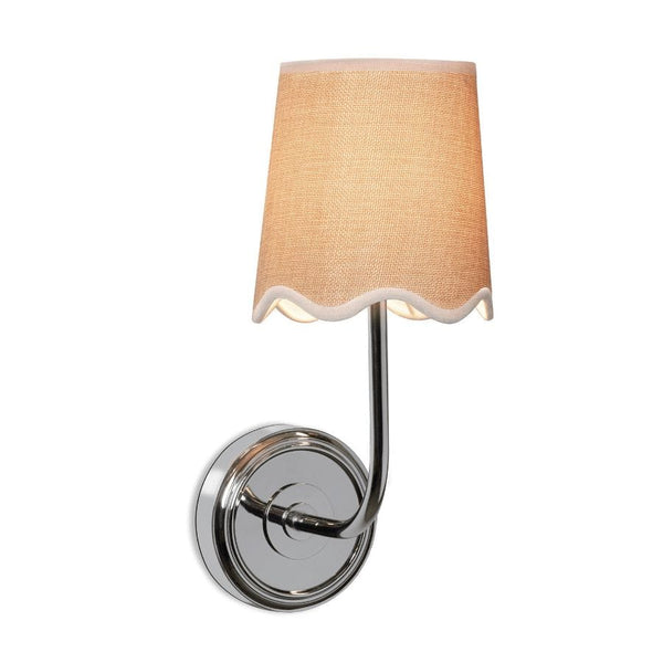 Ariel polished nickel sconce with a woven linen shade and scalloped trim.