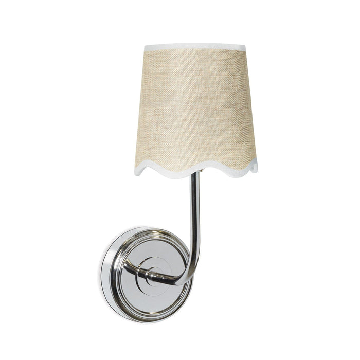 Ariel Polished Nickel Sconce with a woven linen shade and scalloped trim.