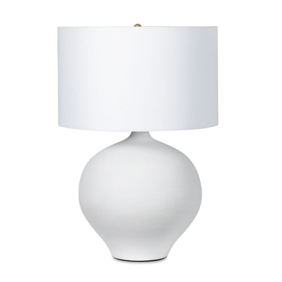 White ceramic table lamp with a rounded base and a crisp natural linen shade.