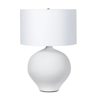 White ceramic table lamp with a rounded base and a crisp natural linen shade.