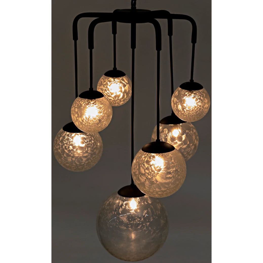 Artemis Chandelier with seven illuminated handblown glass bubbles on black steel arms.