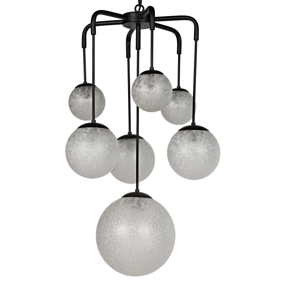 Artemis Chandelier: Black steel frame with seven suspended handblown glass bubbles.