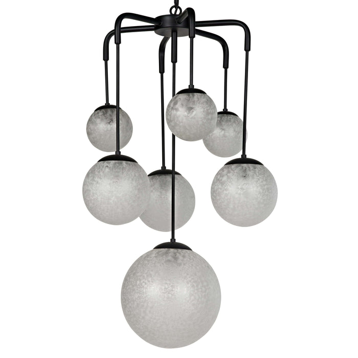 Artemis Chandelier: Black steel frame with seven suspended handblown glass bubbles.