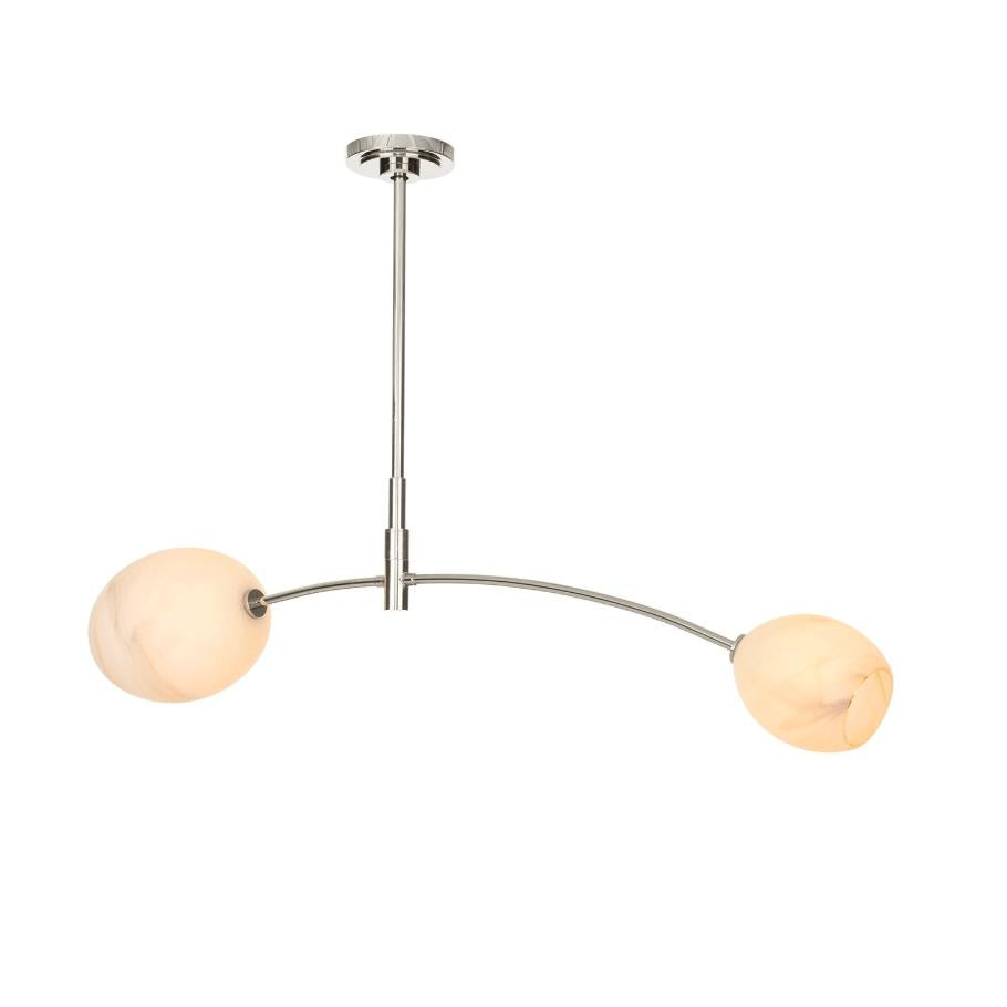 Artemis Double Pendant with polished nickel arched arm and two open-ended, alabaster-like glass globes.