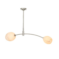 Artemis Double Pendant with polished nickel arched arm and two open-ended, alabaster-like glass globes.