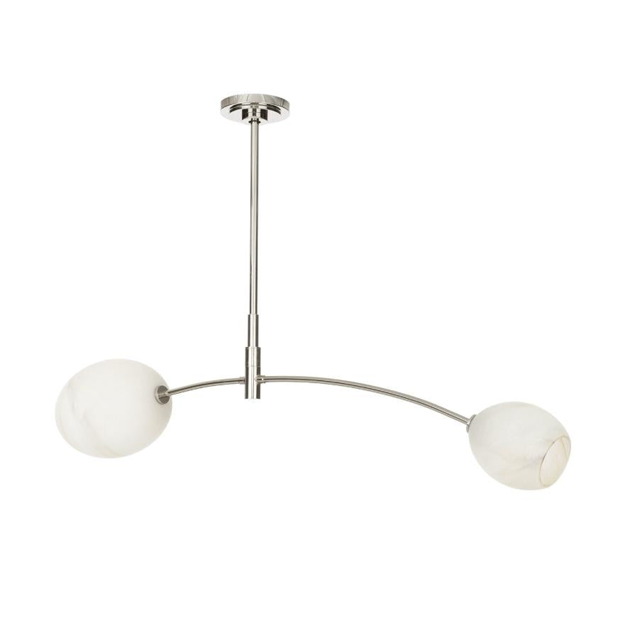 Artemis Double Pendant: Modern polished nickel fixture with two open-ended, alabaster-like glass globes.