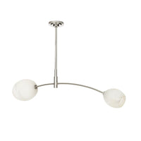 Artemis Double Pendant: Modern polished nickel fixture with two open-ended, alabaster-like glass globes.