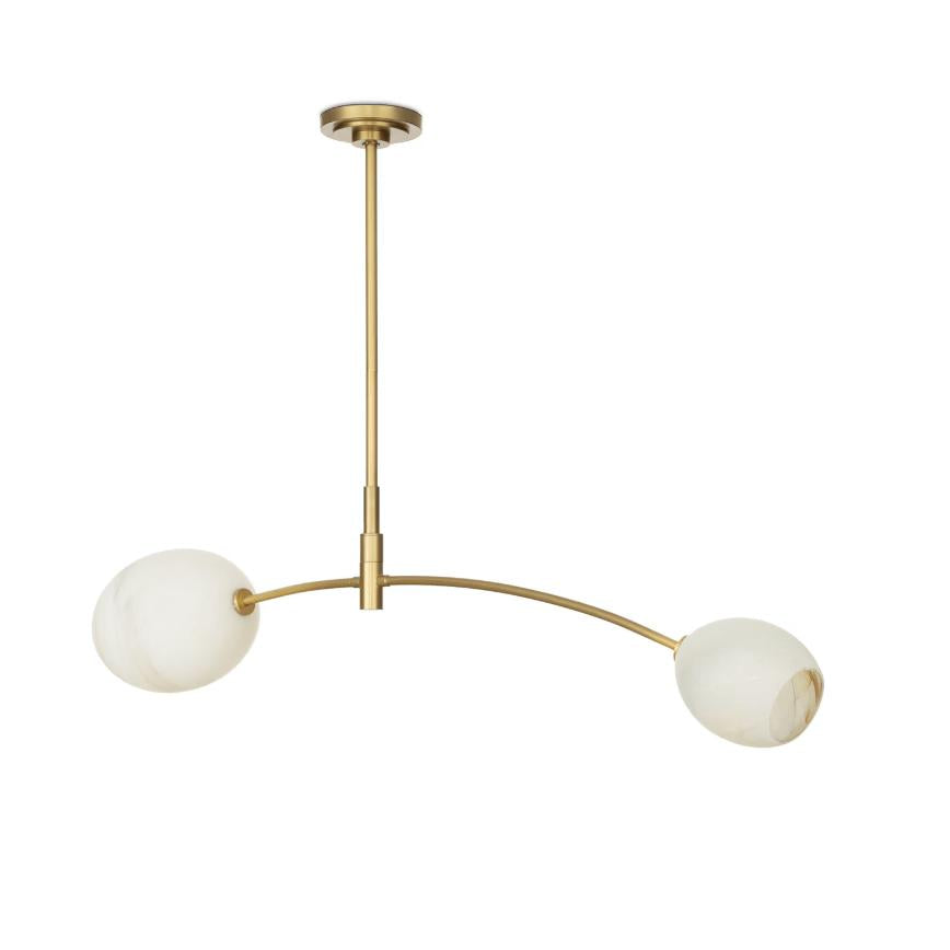 Artemis Double Pendant with alabaster-like glass globes on an arched, polished nickel arm.