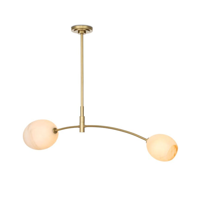Artemis Double Pendant: Modern polished nickel fixture with two open-ended, alabaster-like glass globes.