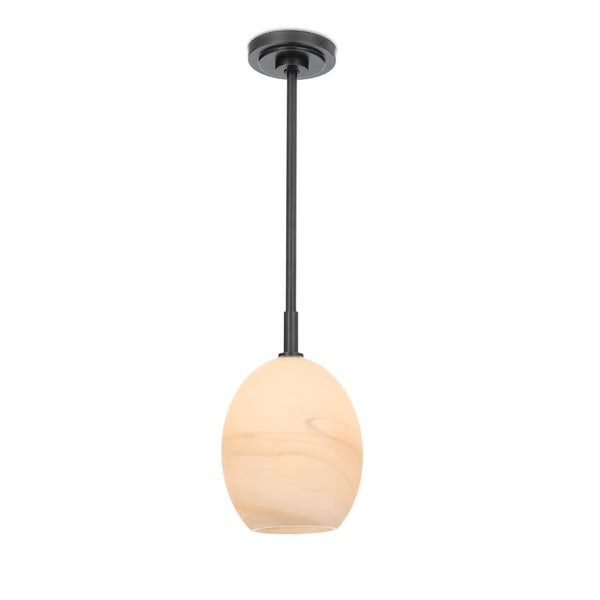 Artemis 17" tall pendant light with a single alabaster-like glass globe and black pipe.