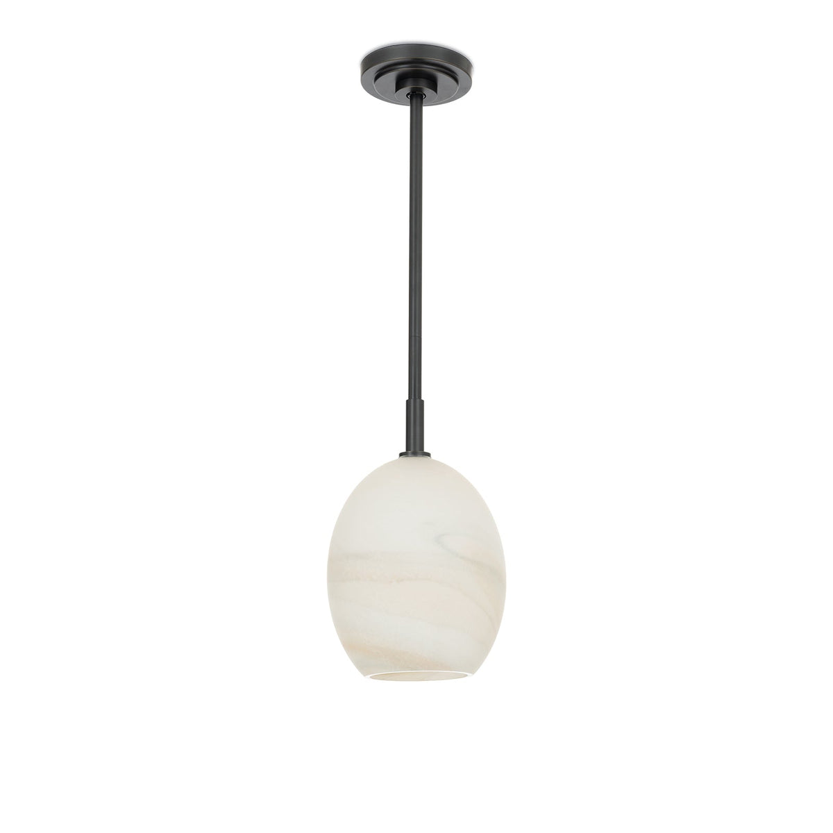 Artemis pendant light with a single, open-ended alabaster-like glass globe and dark pipe.