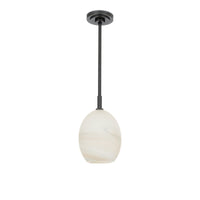 Artemis pendant light with a single, open-ended alabaster-like glass globe and dark pipe.