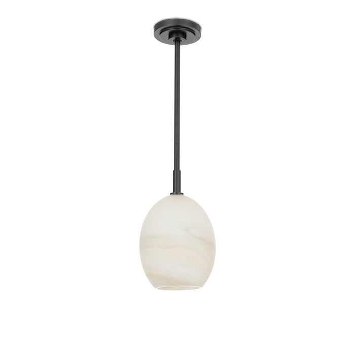 Artemis pendant light with a single, open-ended alabaster-like glass globe and dark pipe.