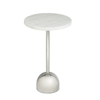 Arthur accent table with a round white marble top and a modern goblet-shaped steel base.