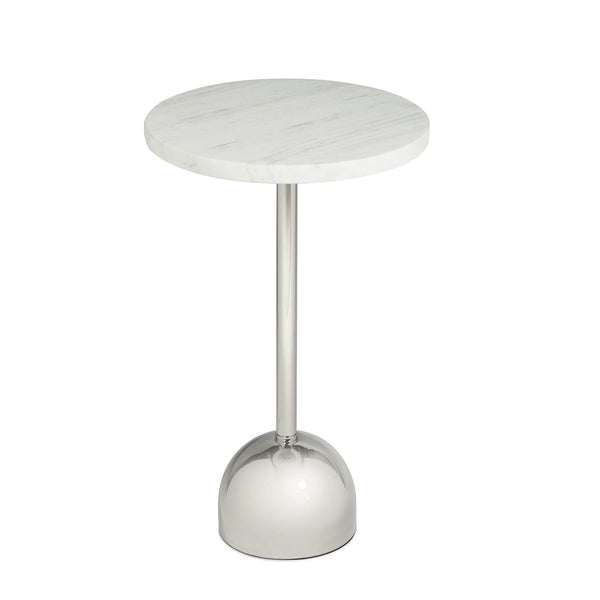 Arthur accent table with a round white marble top and a modern goblet-shaped steel base.