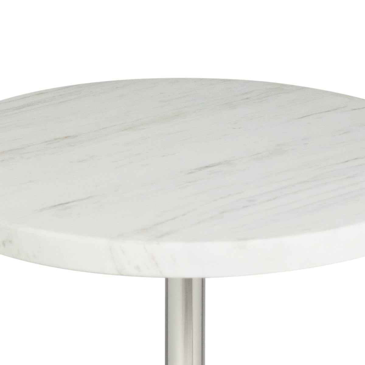 Round white marble accent table with a modern, goblet-shaped steel base.