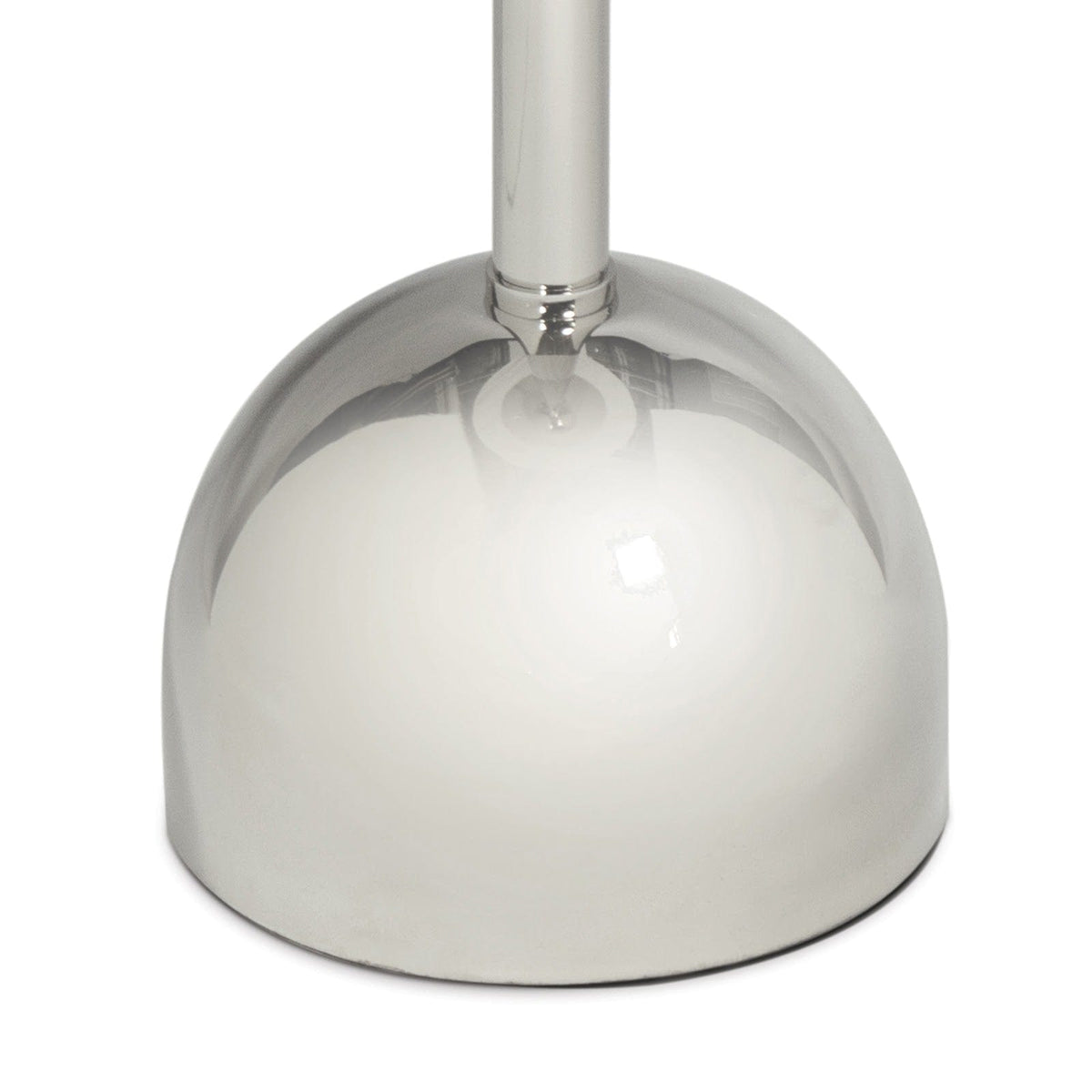Close-up of the Arthur accent table's modern, goblet-shaped polished steel base.