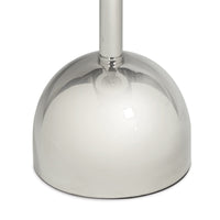 Close-up of the Arthur accent table's modern, goblet-shaped polished steel base.