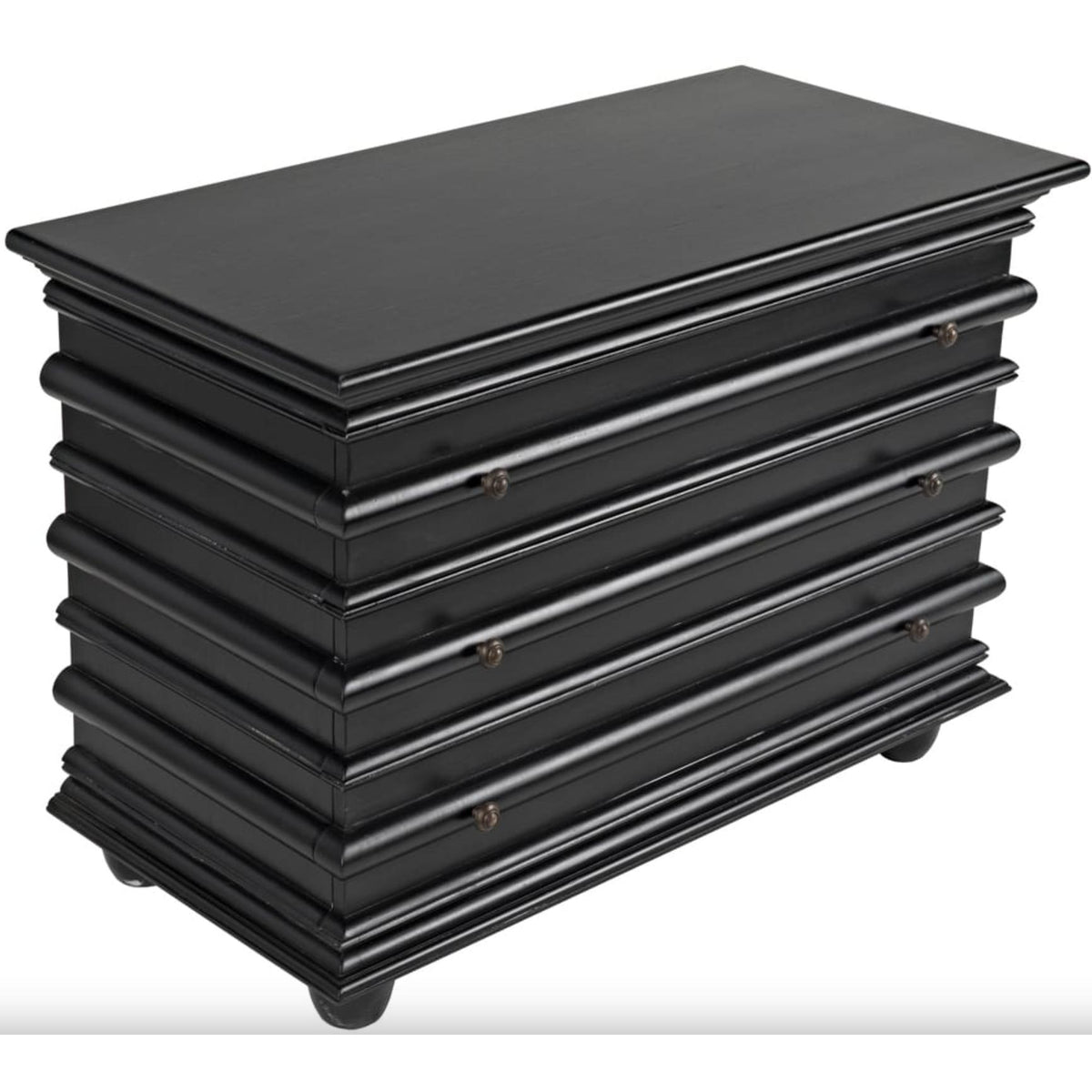 Hand-rubbed black mahogany Ascona 3-drawer chest with ribbed top and bun feet.