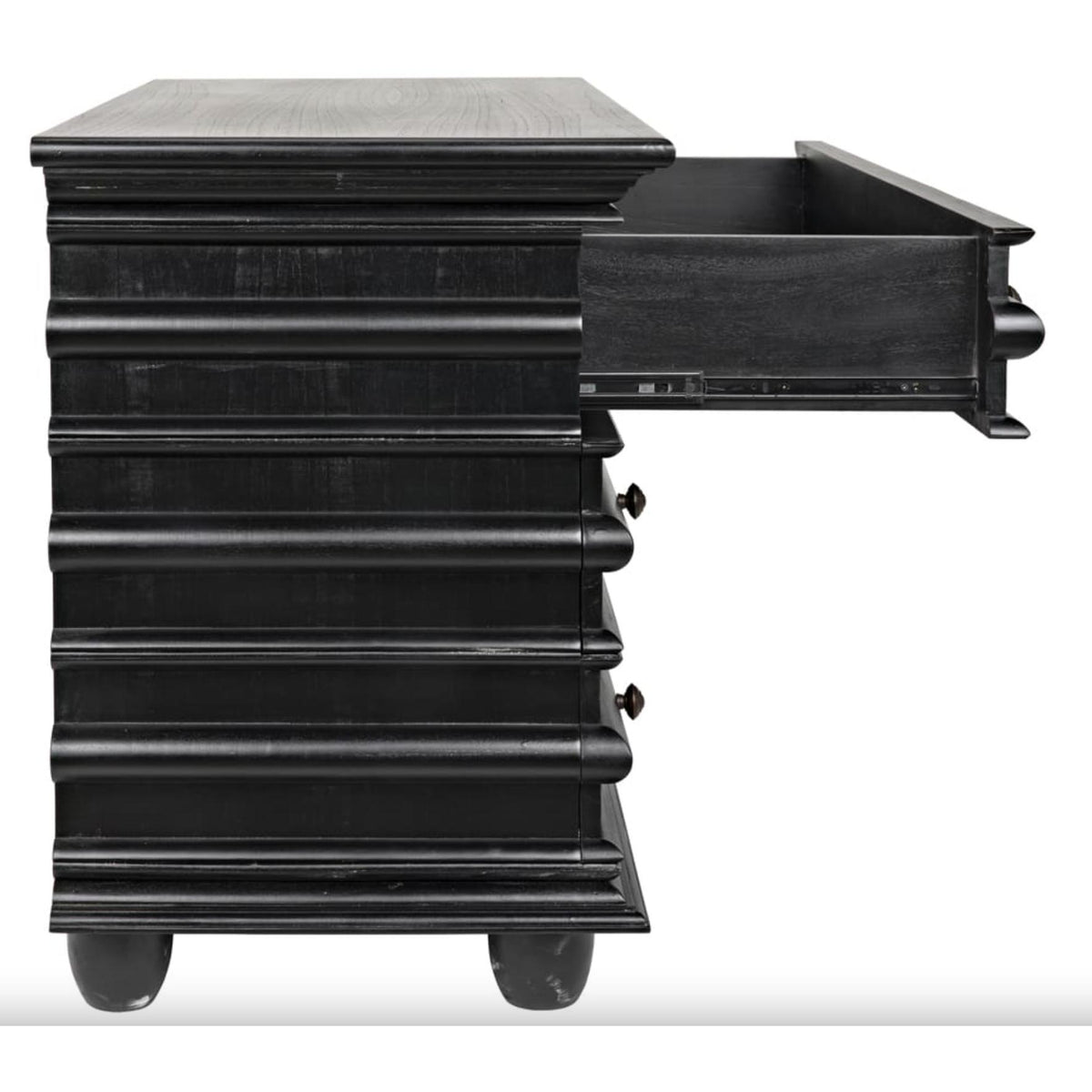 Hand-rubbed black mahogany Ascona 3-drawer chest with ribbed top, bun feet, and one open drawer.
