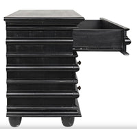 Hand-rubbed black mahogany Ascona 3-drawer chest with ribbed top, bun feet, and one open drawer.