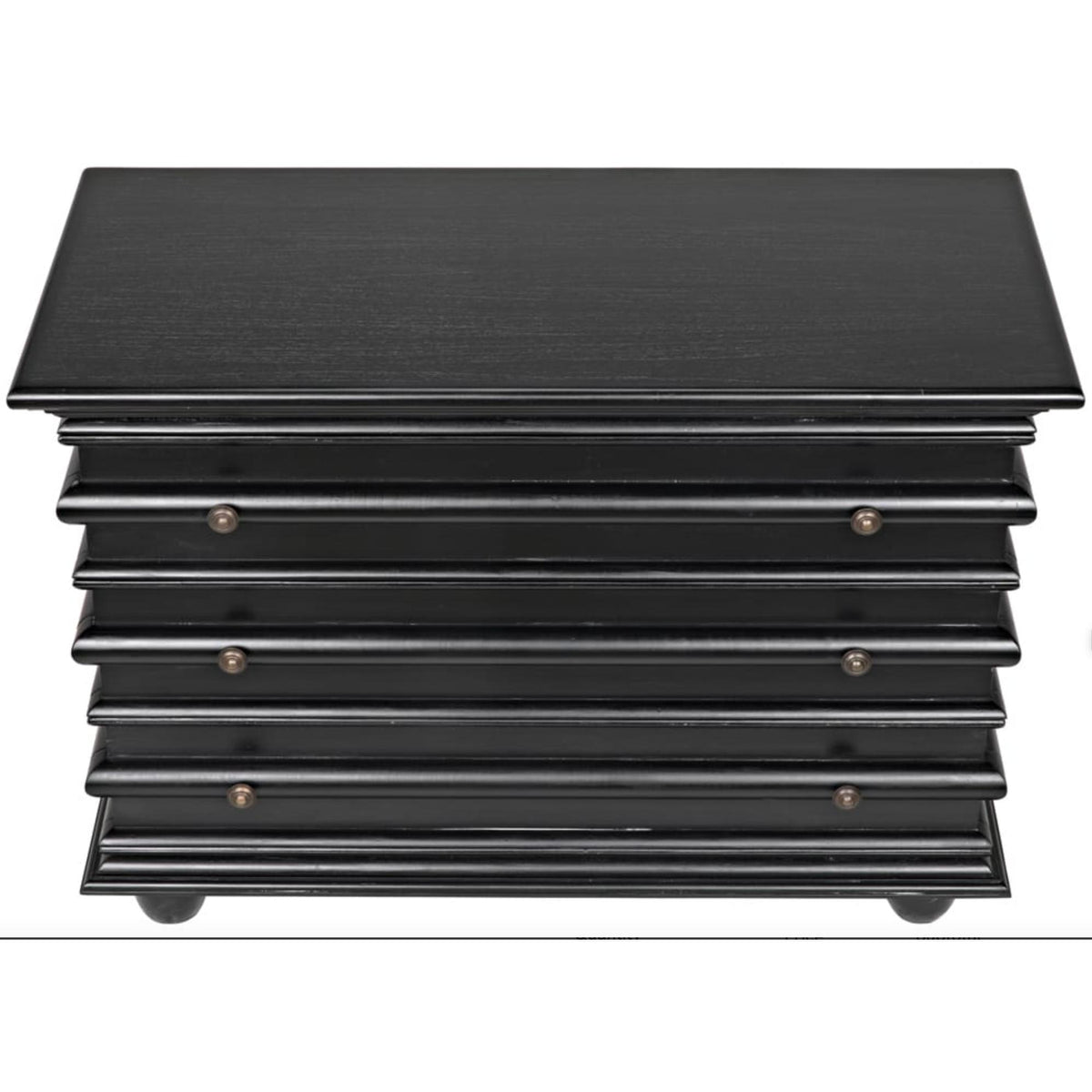 Hand-rubbed black mahogany Ascona 3-drawer chest with ribbed top, bun feet, and bronze knobs.