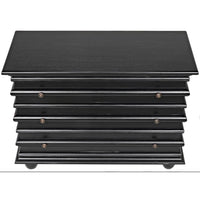 Hand-rubbed black mahogany Ascona 3-drawer chest with ribbed top, bun feet, and bronze knobs.