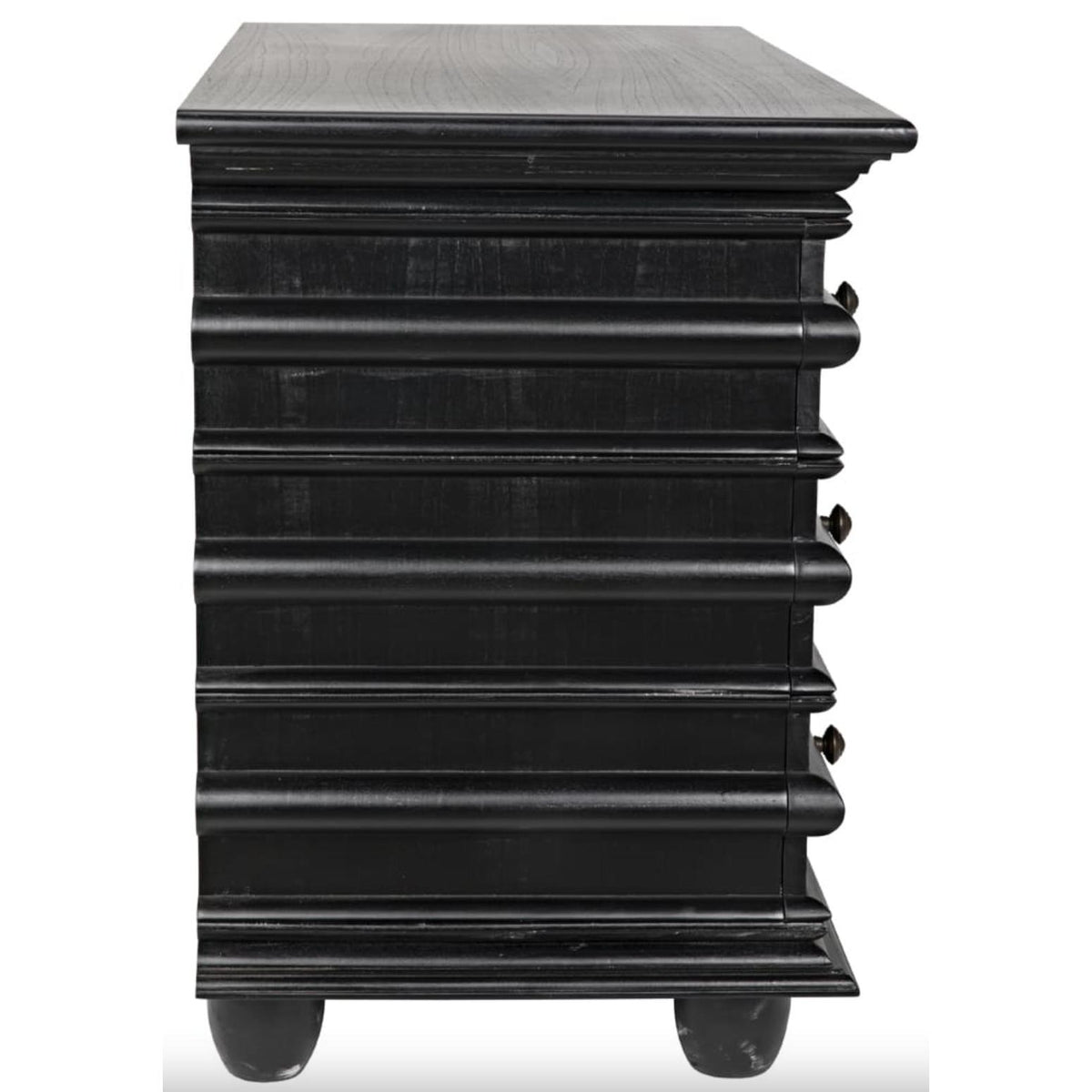 Hand-rubbed black mahogany Ascona 3-drawer chest with ribbed top and bun feet.