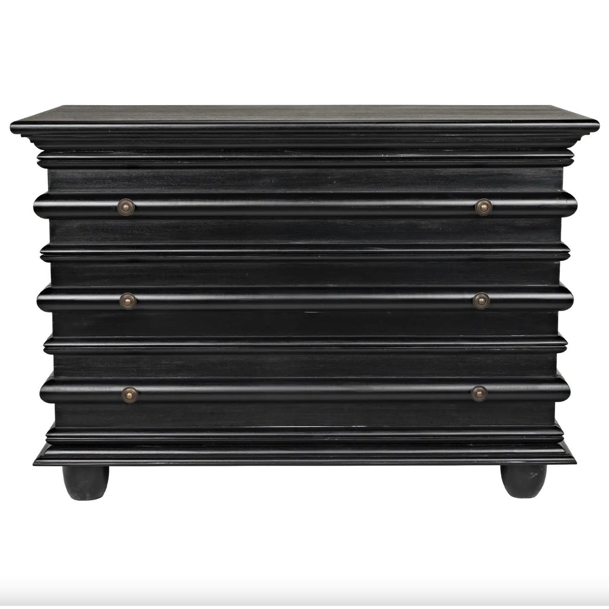 Ascona 3-drawer chest, hand-rubbed black mahogany with ribbed design, bun feet, and brass pulls.