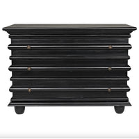 Ascona 3-drawer chest, hand-rubbed black mahogany with ribbed design, bun feet, and brass pulls.