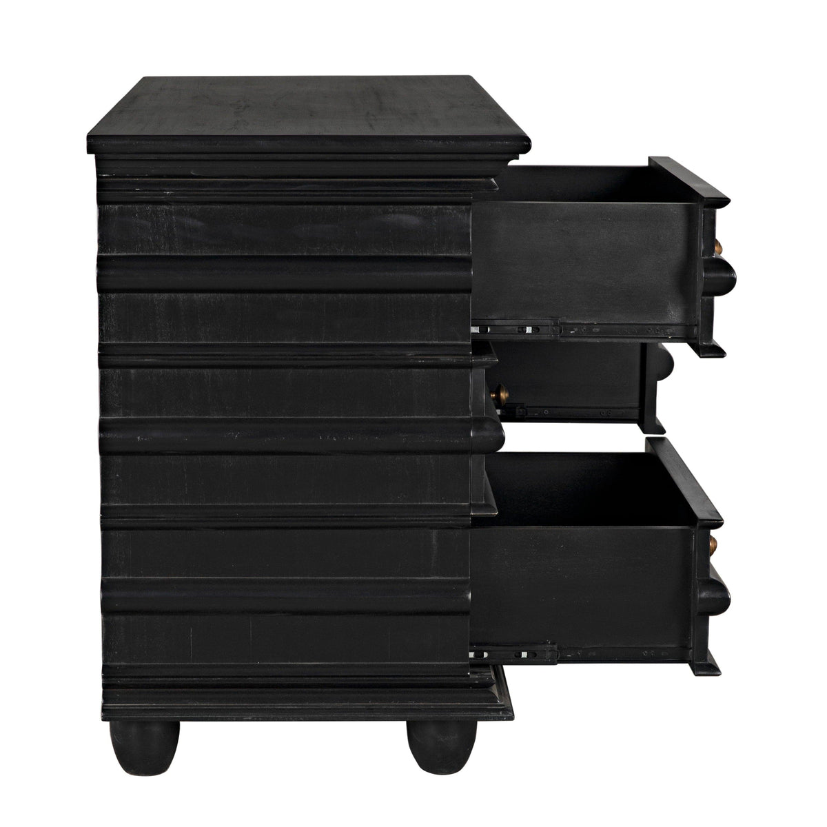Hand-rubbed black mahogany 6-drawer chest with two top drawers partially open, showing coordinating hardware.