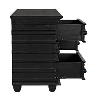Hand-rubbed black mahogany 6-drawer chest with two top drawers partially open, showing coordinating hardware.